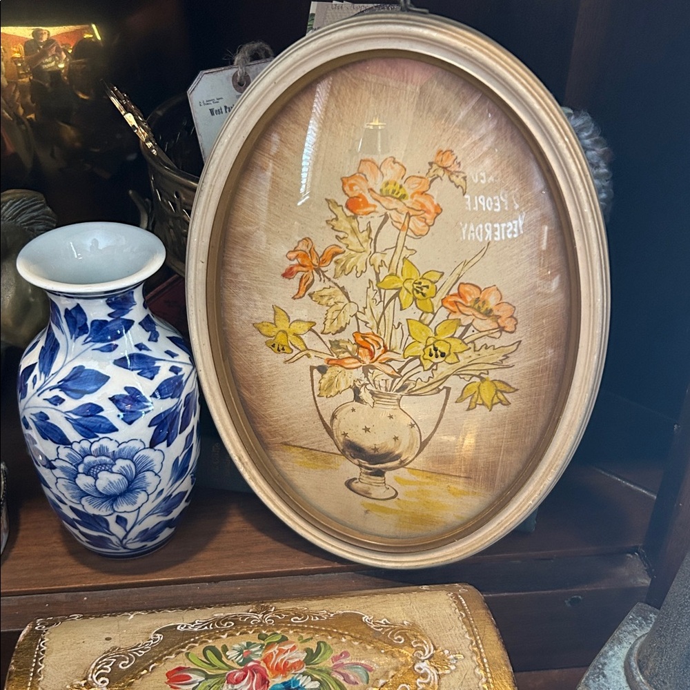 Hand Painted Floral Oval Wall Art with Convex Bubble Glass